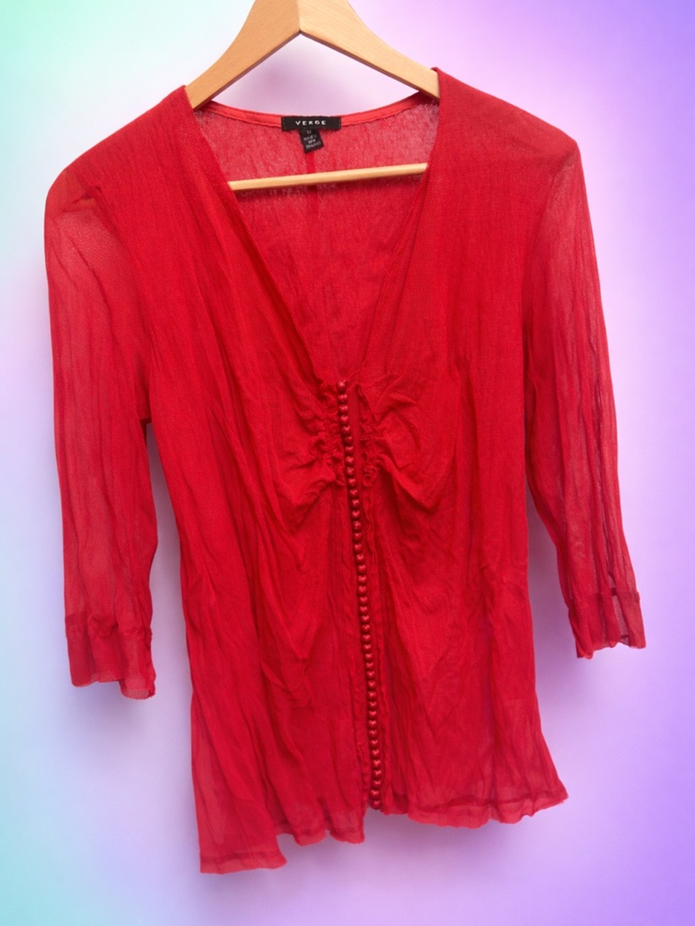 Vintage Red Sheer mesh V-Neck Button-Front Blouse